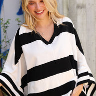 The Traveler Black/White Stripe Dolman Notch Neck Sweater Poncho