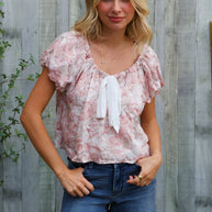 Feeling Femme' Blush Scoop Neck Floral Top w/Bow