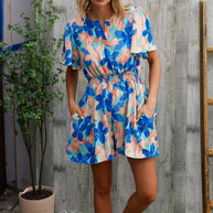 Feeling Bold Turquoise Floral Smocked Waist Flutter Sleeve Romper