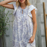 Vintage Vibes Dusty Blue Folded Ruffle Short Sleeve Babydoll Dress