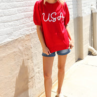 Patriotic USA Red Knit Embroidery Puff Sleeve Sweater Top