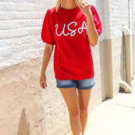 Patriotic USA Red Knit Embroidery Puff Sleeve Sweater Top