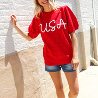 Patriotic USA Red Knit Embroidery Puff Sleeve Sweater Top