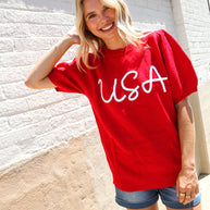 Patriotic USA Red Knit Embroidery Puff Sleeve Sweater Top