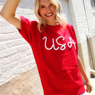 Patriotic USA Red Knit Embroidery Puff Sleeve Sweater Top