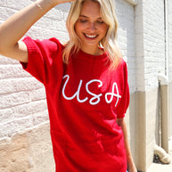 Patriotic USA Red Knit Embroidery Puff Sleeve Sweater Top
