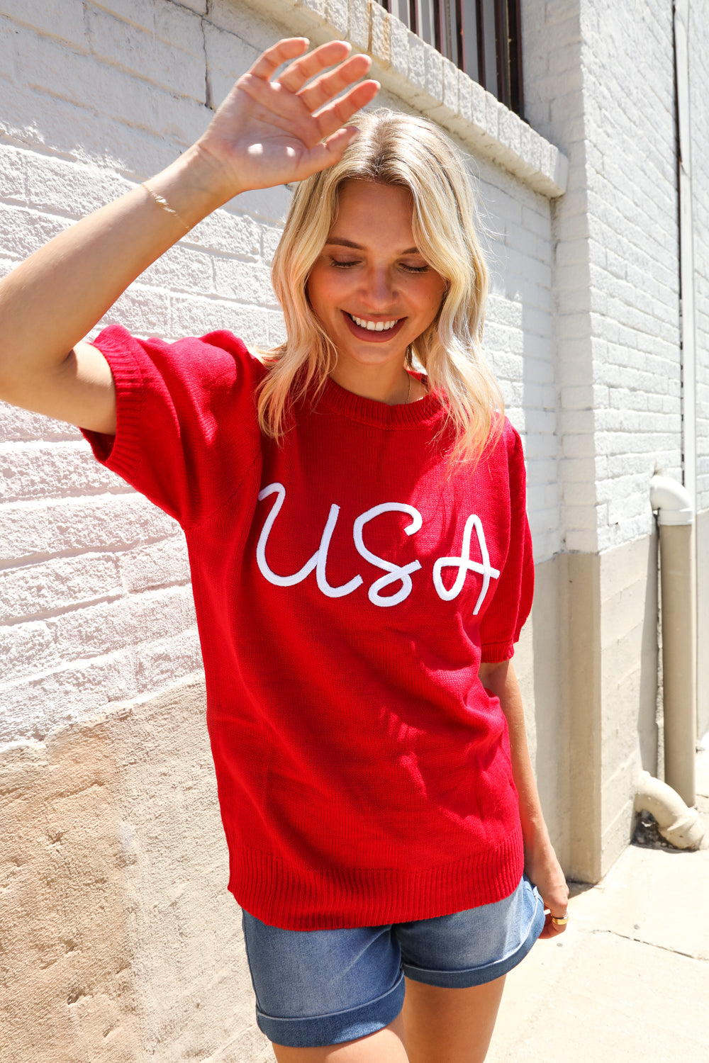 Patriotic USA Red Knit Embroidery Puff Sleeve Sweater Top