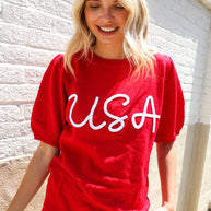 Patriotic USA Red Knit Embroidery Puff Sleeve Sweater Top