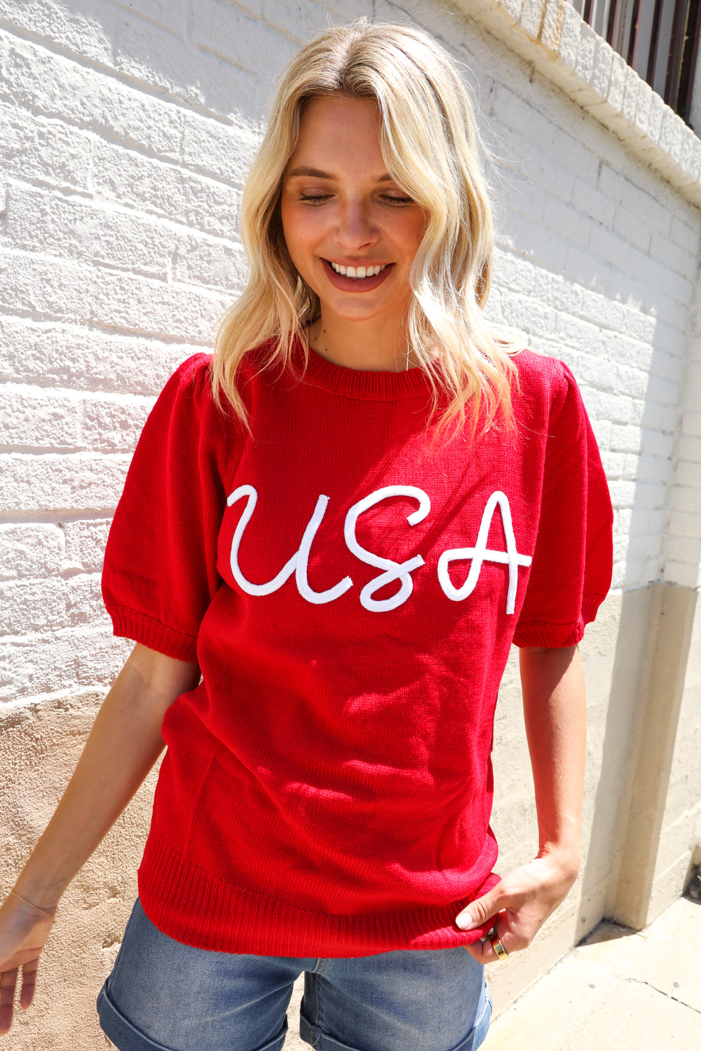 Patriotic USA Red Knit Embroidery Puff Sleeve Sweater Top