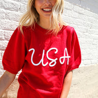 Patriotic USA Red Knit Embroidery Puff Sleeve Sweater Top