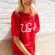 Patriotic USA Red Knit Embroidery Puff Sleeve Sweater Top