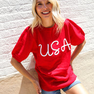 Patriotic USA Red Knit Embroidery Puff Sleeve Sweater Top