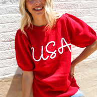 Patriotic USA Red Knit Embroidery Puff Sleeve Sweater Top