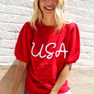 Patriotic USA Red Knit Embroidery Puff Sleeve Sweater Top