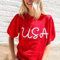 Patriotic USA Red Knit Embroidery Puff Sleeve Sweater Top