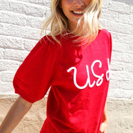 Patriotic USA Red Knit Embroidery Puff Sleeve Sweater Top