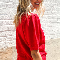 Patriotic USA Red Knit Embroidery Puff Sleeve Sweater Top