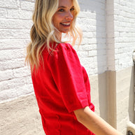 Patriotic USA Red Knit Embroidery Puff Sleeve Sweater Top