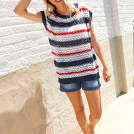 Feeling Festive Red White & Blue Striped Crochet Sweater Top