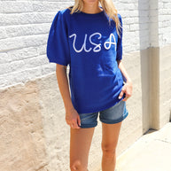 Patriotic USA Blue Knit Embroidery Puff Sleeve Sweater Top