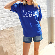 Patriotic USA Blue Knit Embroidery Puff Sleeve Sweater Top