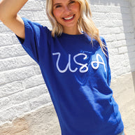 Patriotic USA Blue Knit Embroidery Puff Sleeve Sweater Top