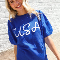 Patriotic USA Blue Knit Embroidery Puff Sleeve Sweater Top