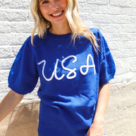 Patriotic USA Blue Knit Embroidery Puff Sleeve Sweater Top