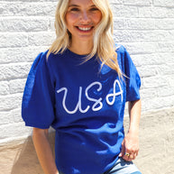 Patriotic USA Blue Knit Embroidery Puff Sleeve Sweater Top