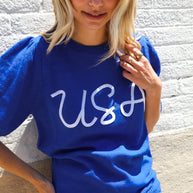 Patriotic USA Blue Knit Embroidery Puff Sleeve Sweater Top