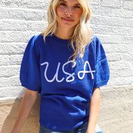 Patriotic USA Blue Knit Embroidery Puff Sleeve Sweater Top