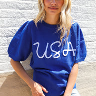 Patriotic USA Blue Knit Embroidery Puff Sleeve Sweater Top