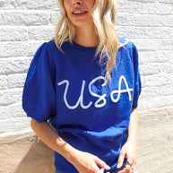 Patriotic USA Blue Knit Embroidery Puff Sleeve Sweater Top
