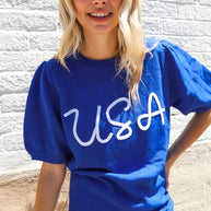 Patriotic USA Blue Knit Embroidery Puff Sleeve Sweater Top