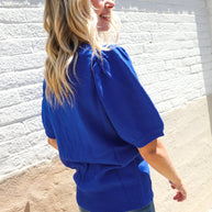 Patriotic USA Blue Knit Embroidery Puff Sleeve Sweater Top