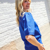 Patriotic USA Blue Knit Embroidery Puff Sleeve Sweater Top