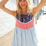 Vacay Vibes Coral/Blue Boho Print Color Block Sleeveless Top