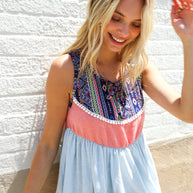 Vacay Vibes Coral/Blue Boho Print Color Block Sleeveless Top