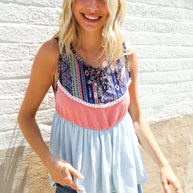 Vacay Vibes Coral/Blue Boho Print Color Block Sleeveless Top