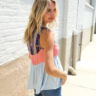 Vacay Vibes Coral/Blue Boho Print Color Block Sleeveless Top