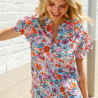 Beautiful You Ivory Floral Print Notch Neck Puff Short Sleeve Top