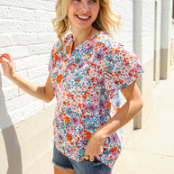 Beautiful You Ivory Floral Print Notch Neck Puff Short Sleeve Top