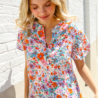 Beautiful You Ivory Floral Print Notch Neck Puff Short Sleeve Top