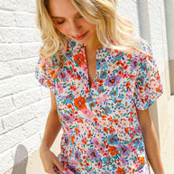 Beautiful You Ivory Floral Print Notch Neck Puff Short Sleeve Top