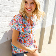 Beautiful You Ivory Floral Print Notch Neck Puff Short Sleeve Top