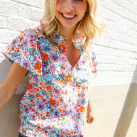 Beautiful You Ivory Floral Print Notch Neck Puff Short Sleeve Top