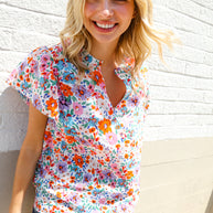 Beautiful You Ivory Floral Print Notch Neck Puff Short Sleeve Top