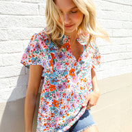 Beautiful You Ivory Floral Print Notch Neck Puff Short Sleeve Top