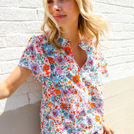 Beautiful You Ivory Floral Print Notch Neck Puff Short Sleeve Top