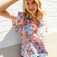 Beautiful You Ivory Floral Print Notch Neck Puff Short Sleeve Top